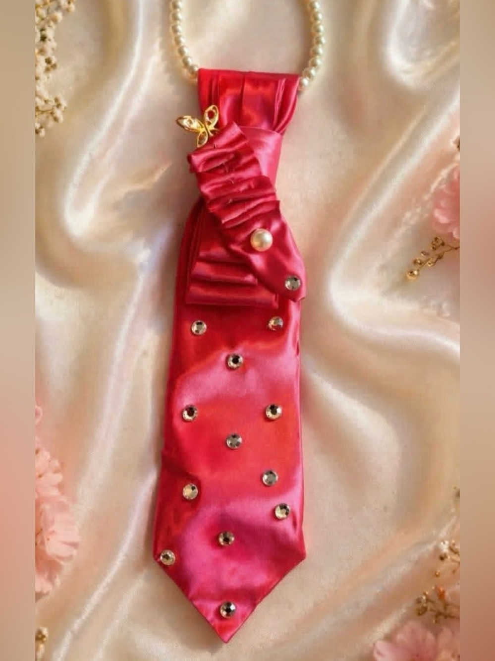 Peach Satin Jeweled Statement Tie Necklace